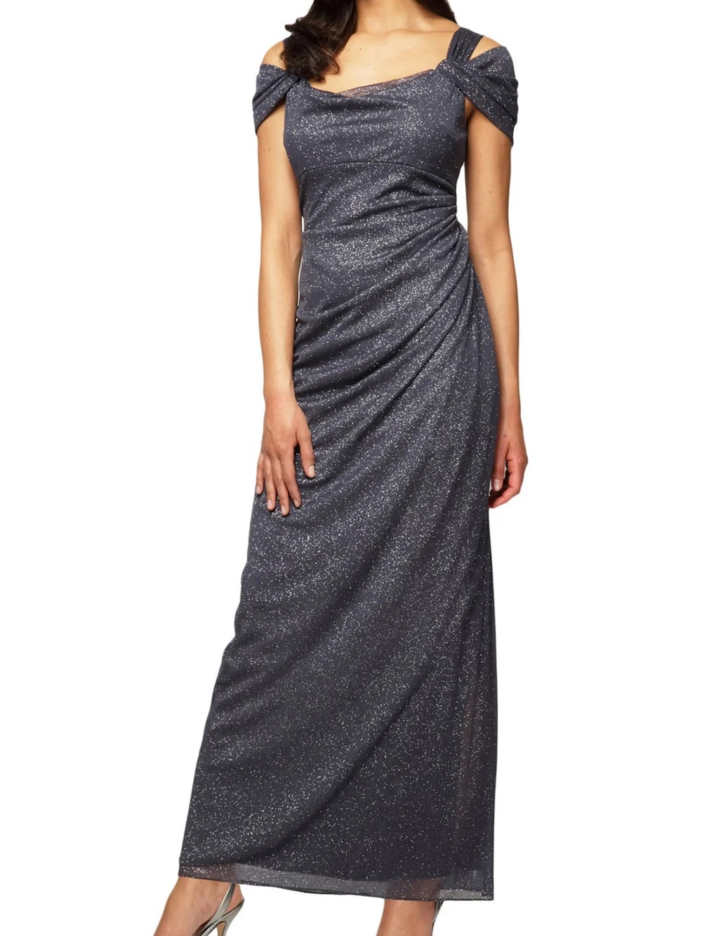 Cold Shoulder Ruffle Glitter Chiffon Gown